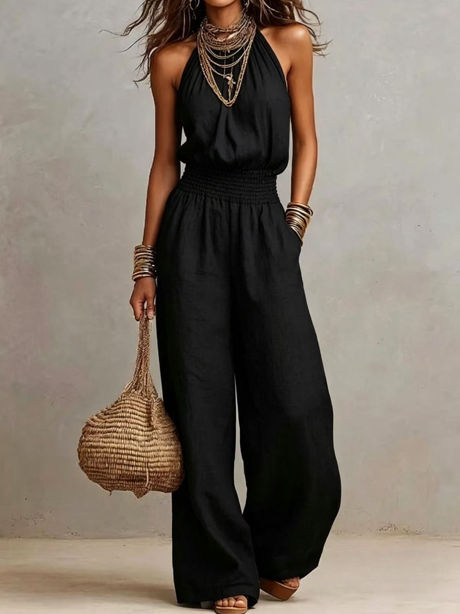Summer Holiday Casual Round Neck Sleeveless Straight Fit Jumpsuit