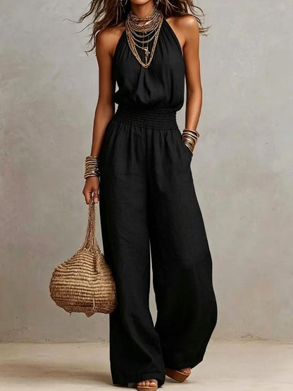 Summer Holiday Casual Round Neck Sleeveless Straight Fit Jumpsuit