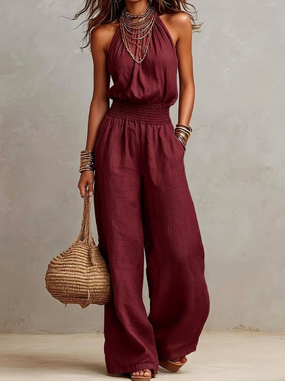 Summer Holiday Casual Round Neck Sleeveless Straight Fit Jumpsuit