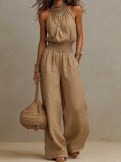 Summer Holiday Casual Round Neck Sleeveless Straight Fit Jumpsuit