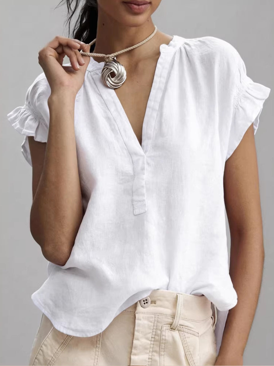 Women’S Casual V-Neck Short-Sleeved, Solid-Colored Cotton-Linen Top