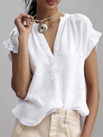 Women’S Casual V-Neck Short-Sleeved, Solid-Colored Cotton-Linen Top