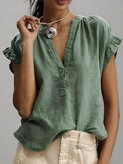Women’S Casual V-Neck Short-Sleeved, Solid-Colored Cotton-Linen Top