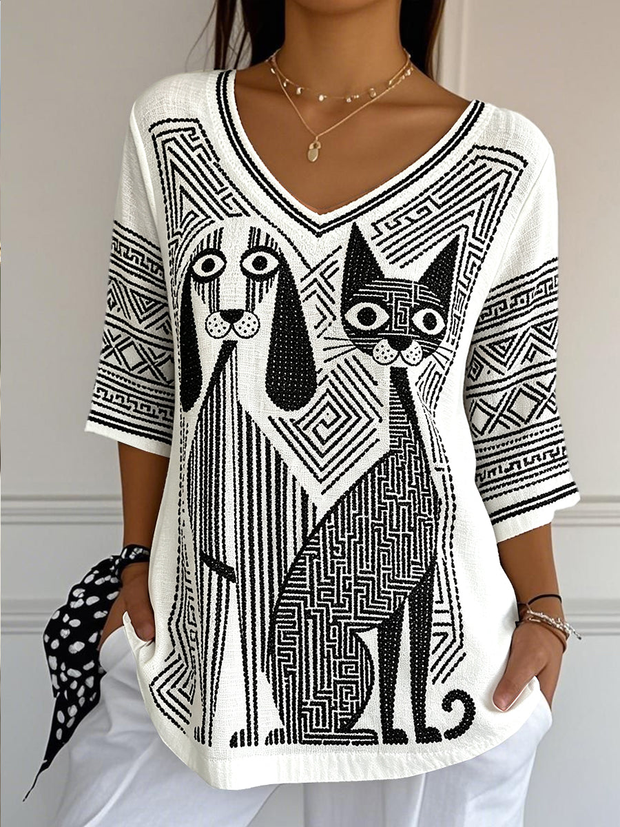 Women’s Cat And Dog Stripe Print Casual Lightweight Cotton-Linen V-Neck T-Shirt