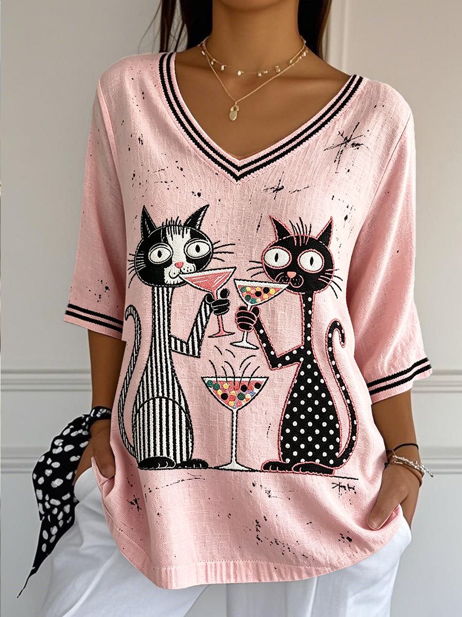 Women’s Pink Cat-Print Casual Lightweight Cotton-Linen V-Neck T-Shirt
