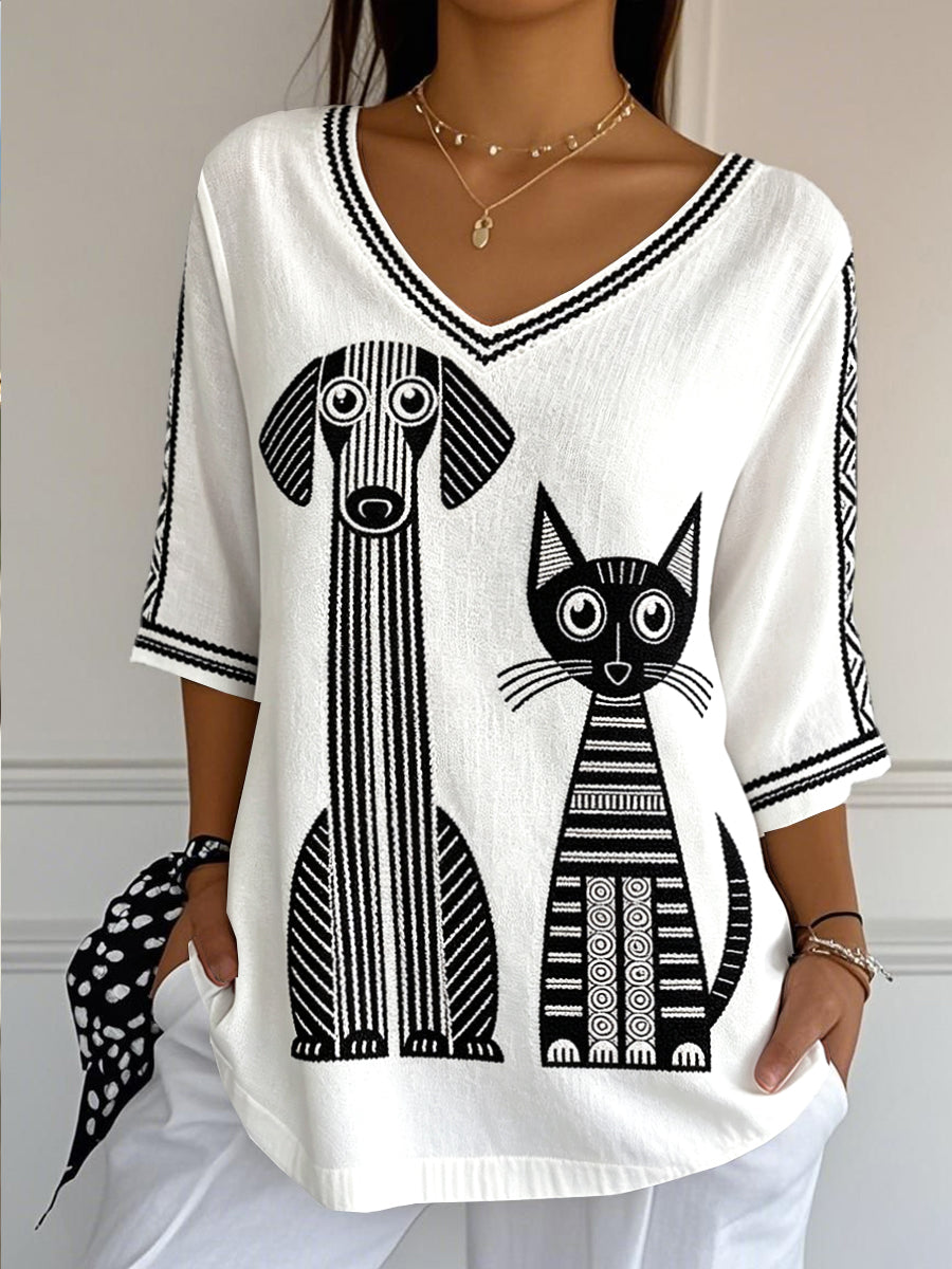 Women’s White Cat & Dog Print Casual, Cool-Wear Cotton-Linen V-Neck T-Shirt