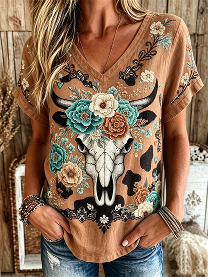 Women's  western-style pattern printed casual linen short-sleeved T-shirt