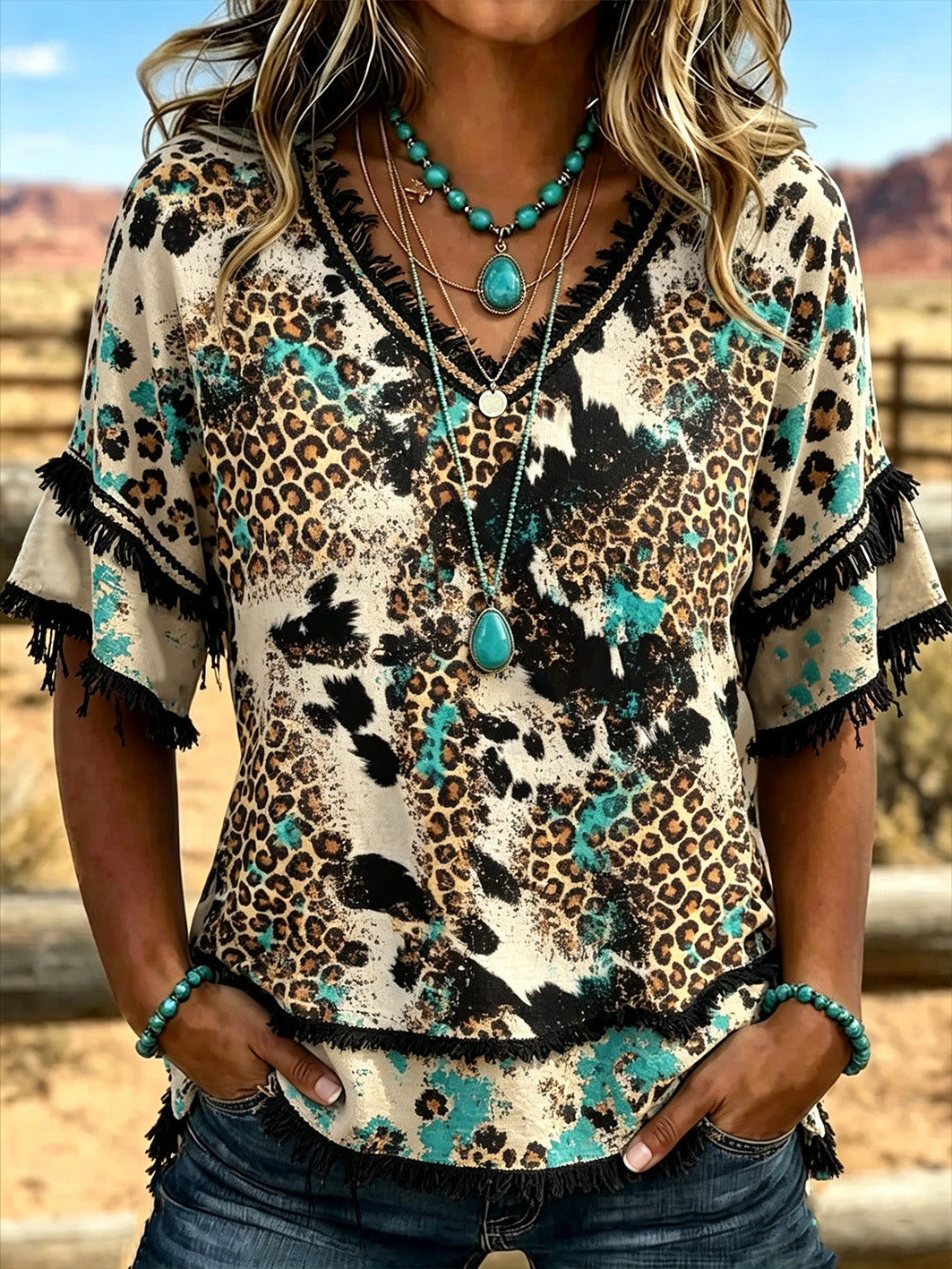 Women's Western-style Pattern Printed Casual Cotton-Linen Shirt
