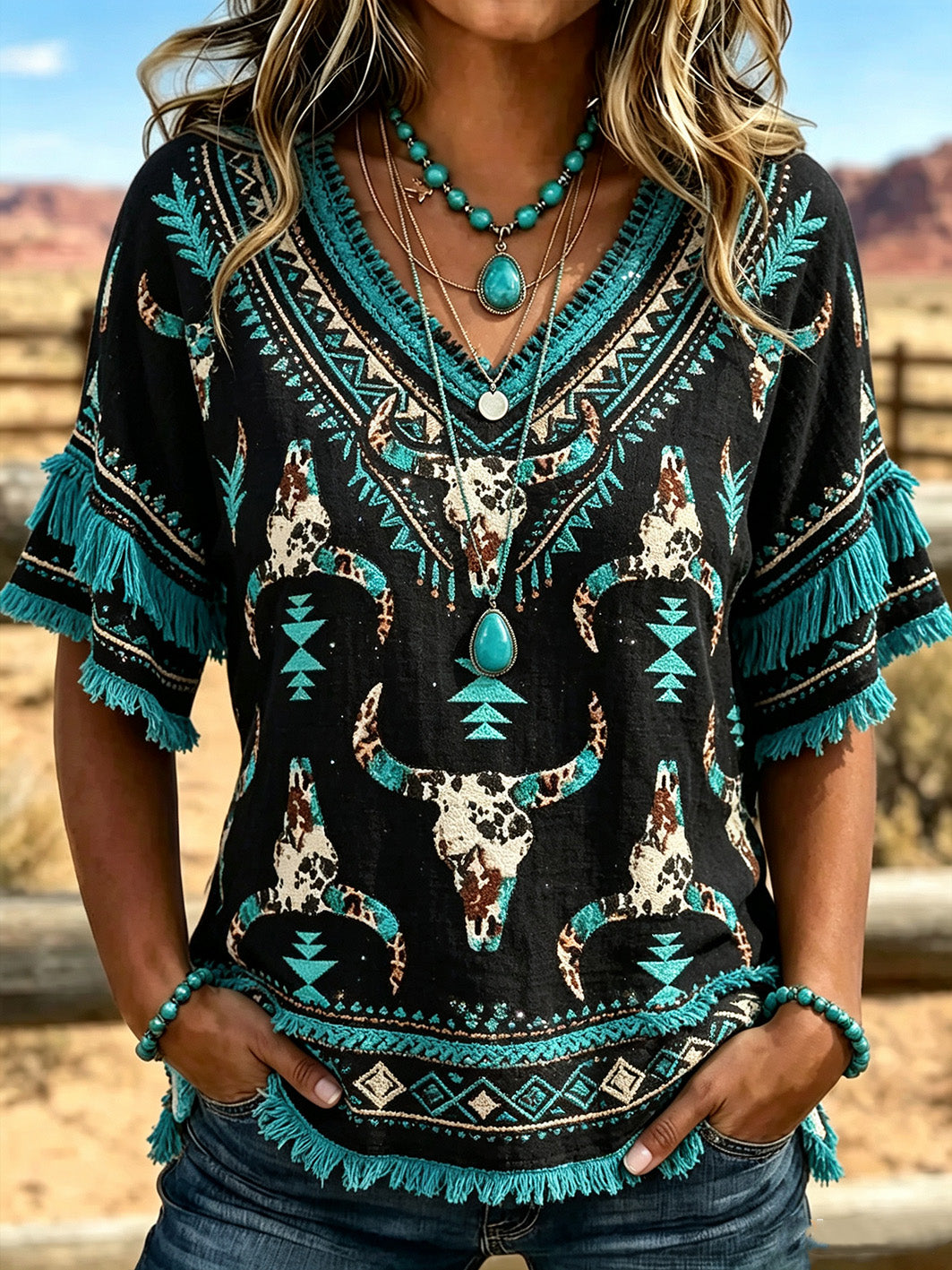 Women's Western-style Pattern Printed Cotton-Linen Shirt