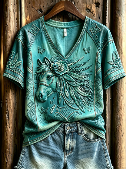 Women's Vintage Western Horse Ethnic Leather Art Print V-neck short-sleeved T-shirt