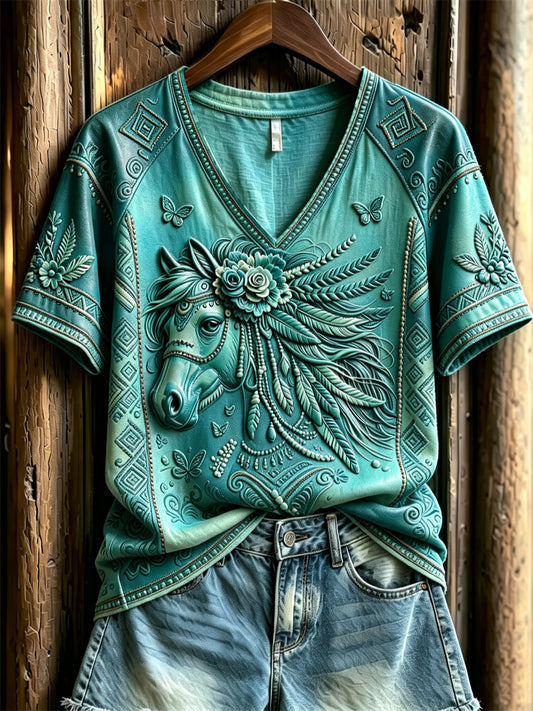 Women's Vintage Western Horse Ethnic Leather Art Print V-neck short-sleeved T-shirt