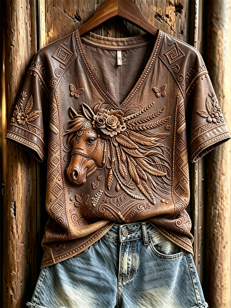 Women's Vintage Western Horse Ethnic Leather Art Print V-neck short-sleeved T-shirt