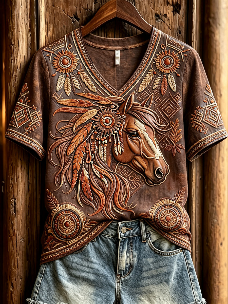 Women's Vintage Western Horse Ethnic Leather Art Print V-neck short-sleeved T-shirt