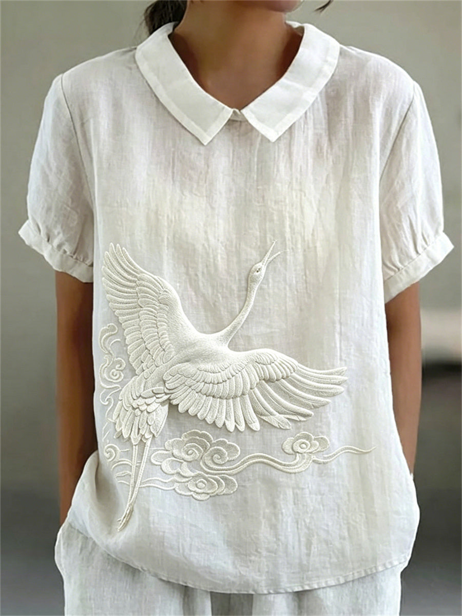 Women's Classy Flying Crane over Clouds Japanese Art Print Short Sleeve Doll Neck Blouse