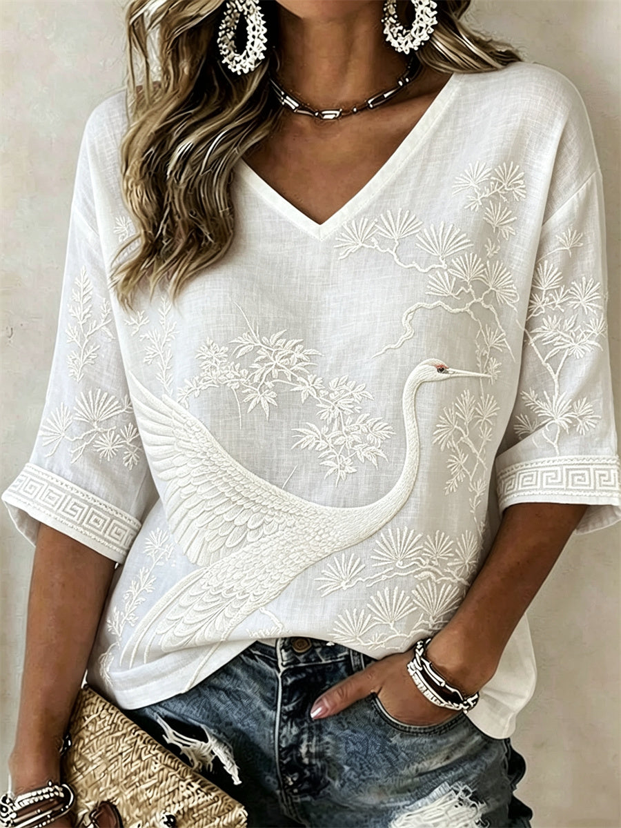 Women's Classy Flying Crane & Pine Trees Japanese Art Print linen Mid-sleeved T-shirt