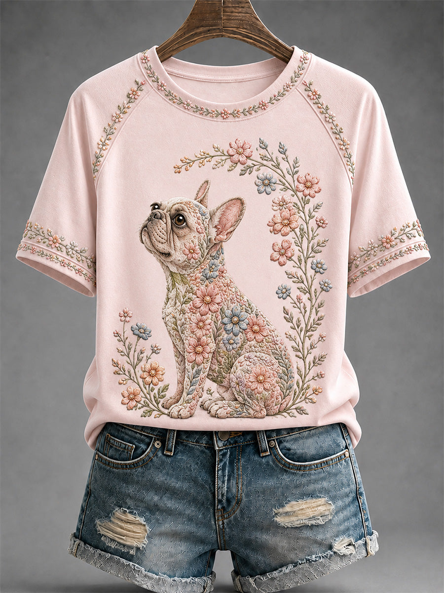 Women's Floral Dog Print Casual Tee