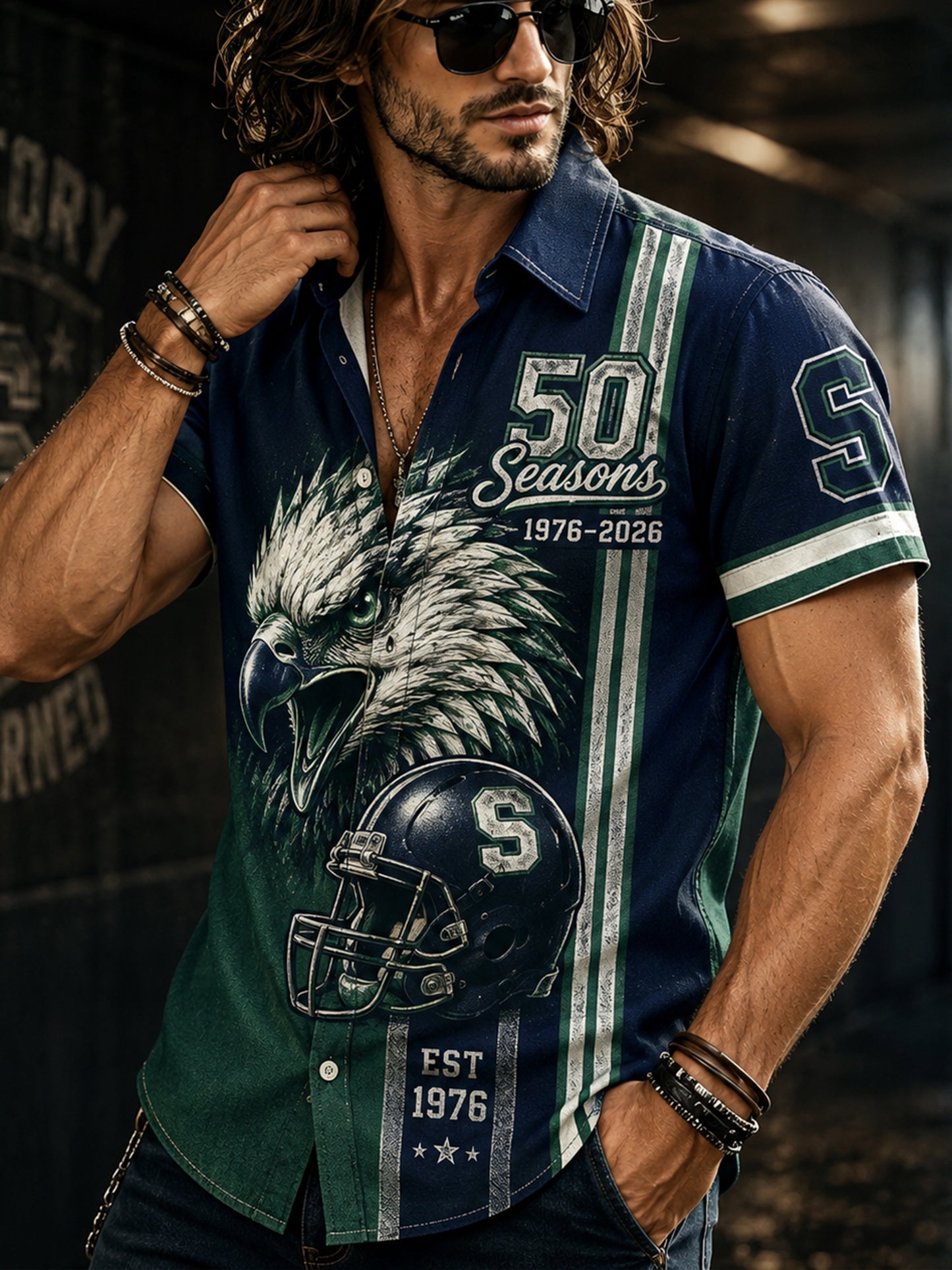 Men's Seattle Seahawks 50th Anniversary Art Print Short-Sleeve Shirt