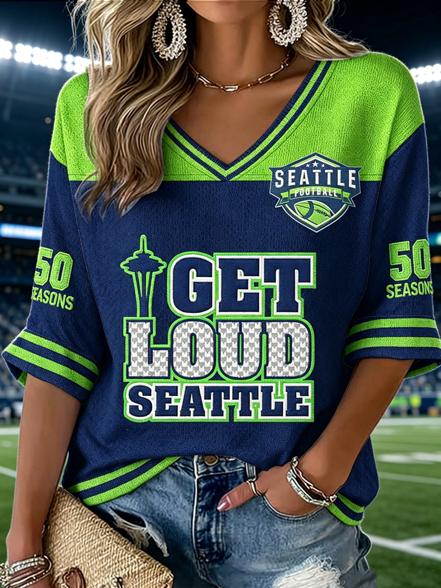 Women's Seattle Rugby V-neck Mid-Sleeve printed Casual T-shirt