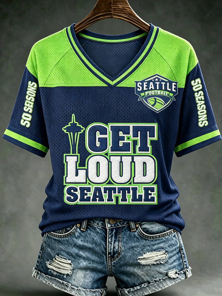 Women's Seattle Rugby Printed Vintage Fashion Loose Short Sleeve T-Shirt