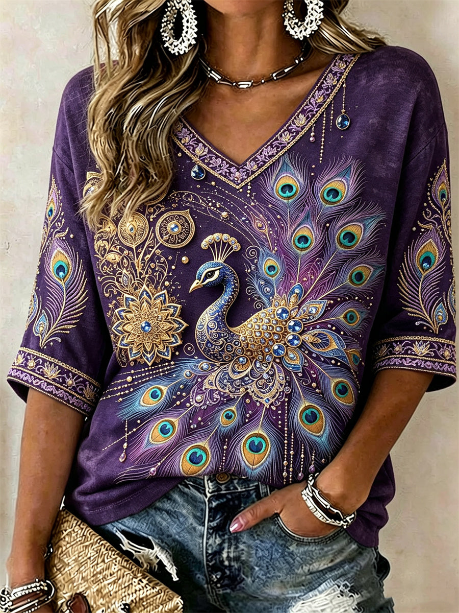 Women's Classy Purple Peacock Floral Glitter Print Mid-length Sleeves V-Neck T-Shirt