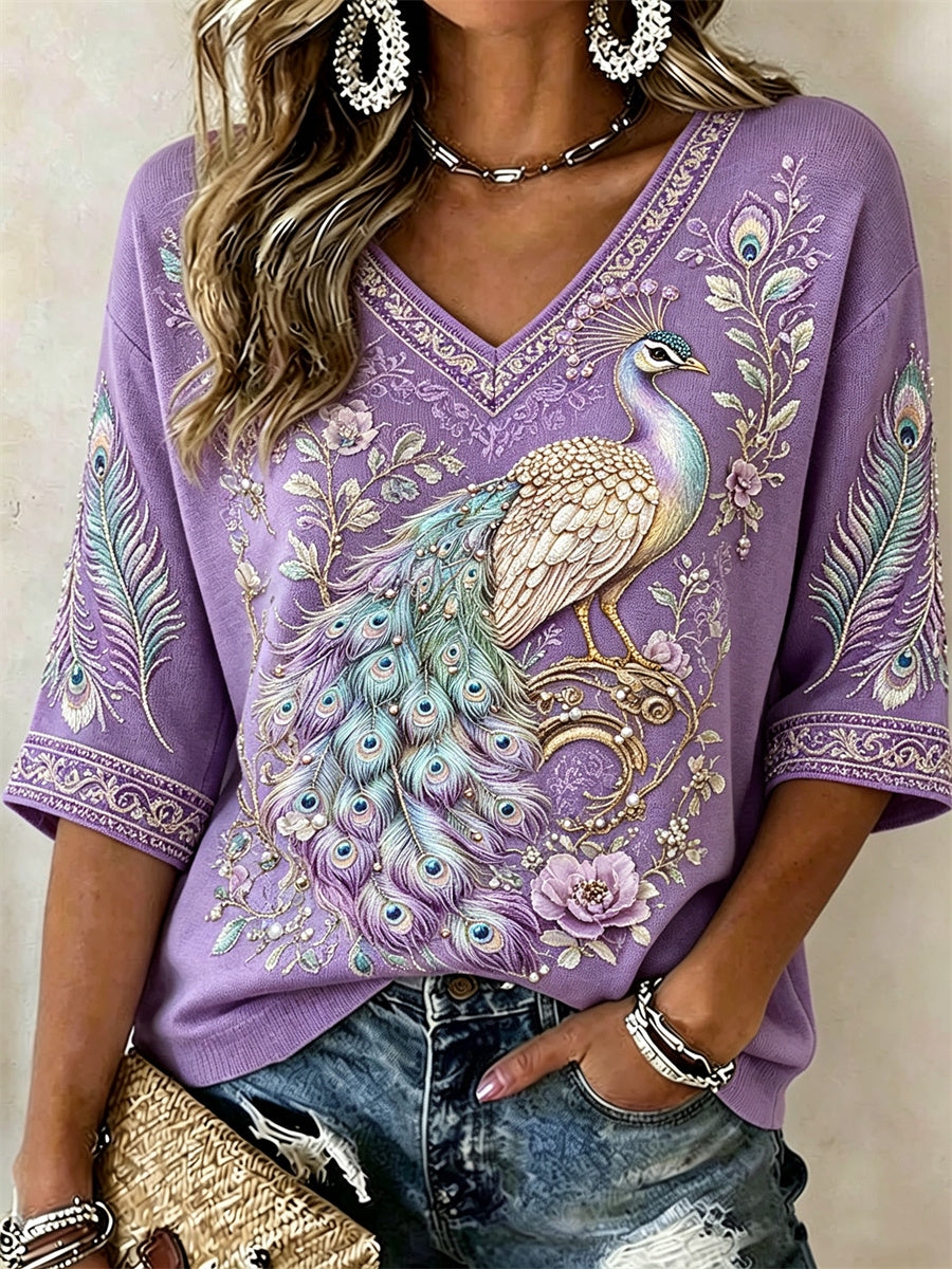 Women's Classy Purple Peacock Floral Glitter Print Mid-length Sleeves V-Neck T-Shirt