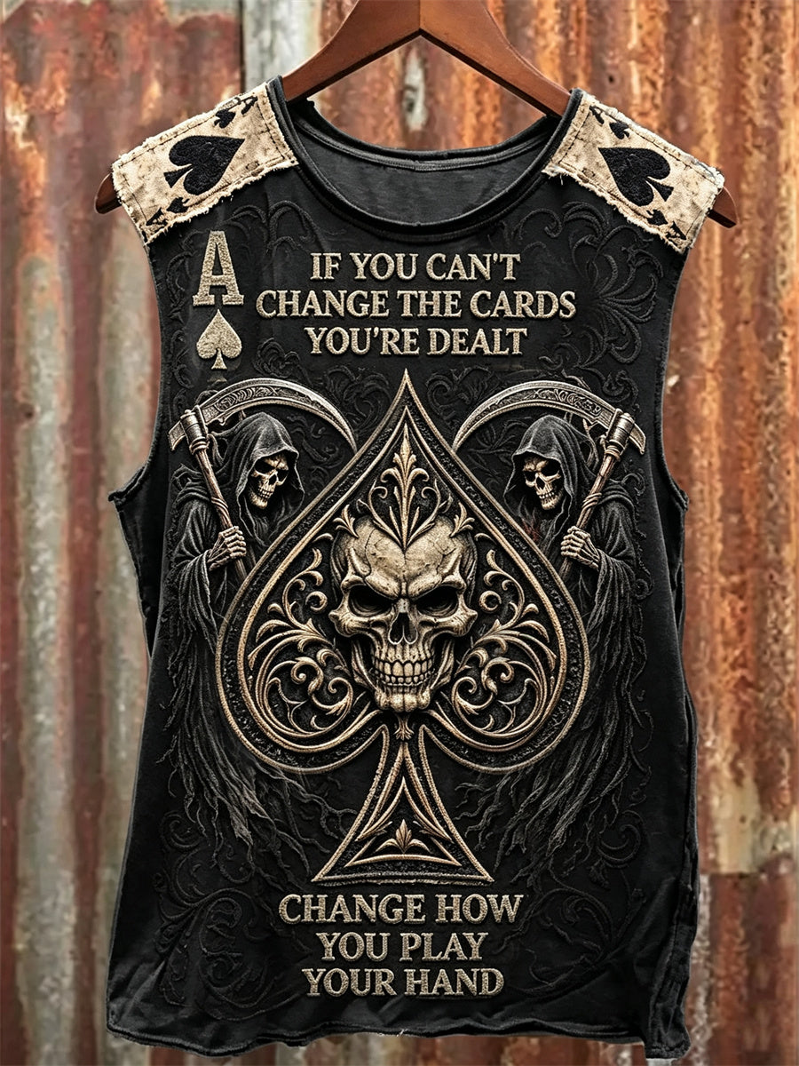 Men's If You Can't Change the Cards Change How You Play Your Hand Skull Ace of Spades Print Racket Vest