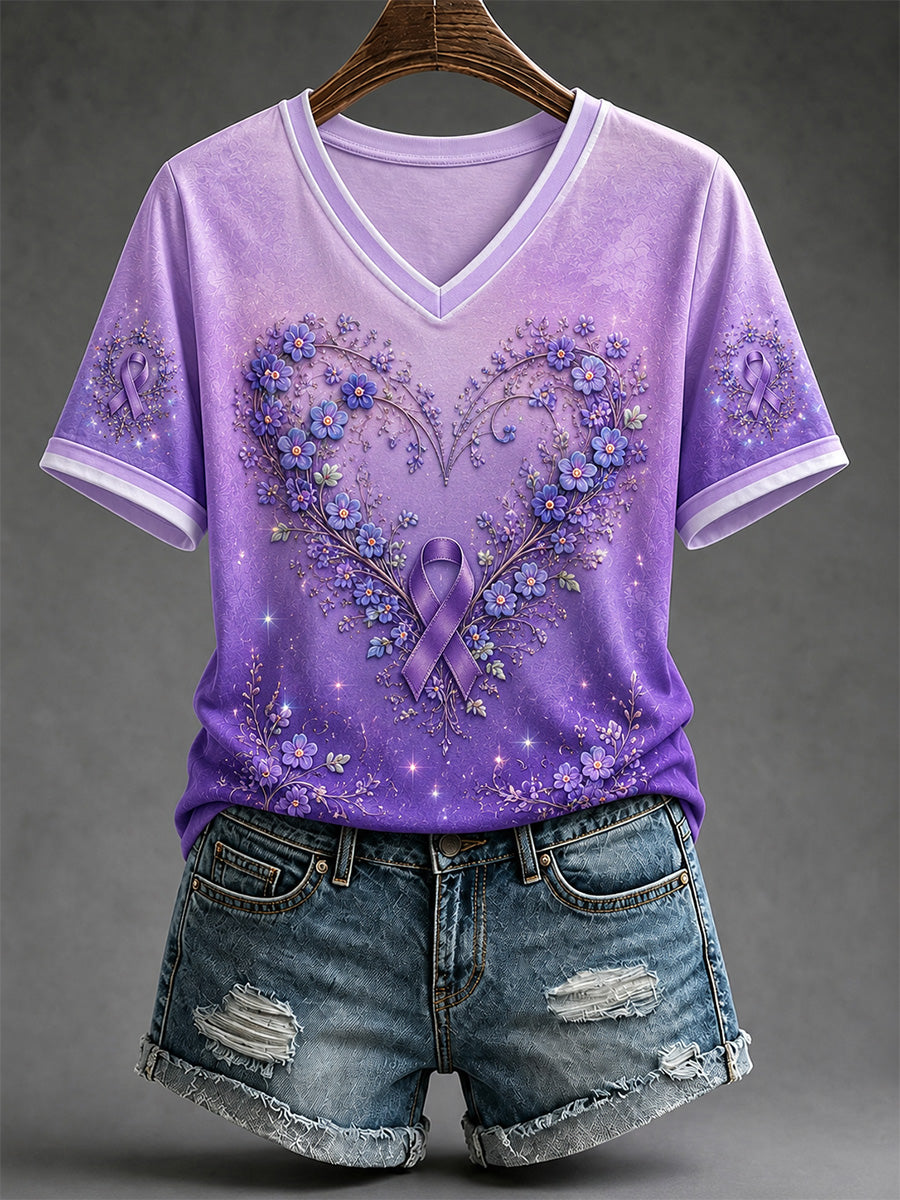 Women's Purple Floral Print Alzheimer's Awareness Support V-Neck Tee