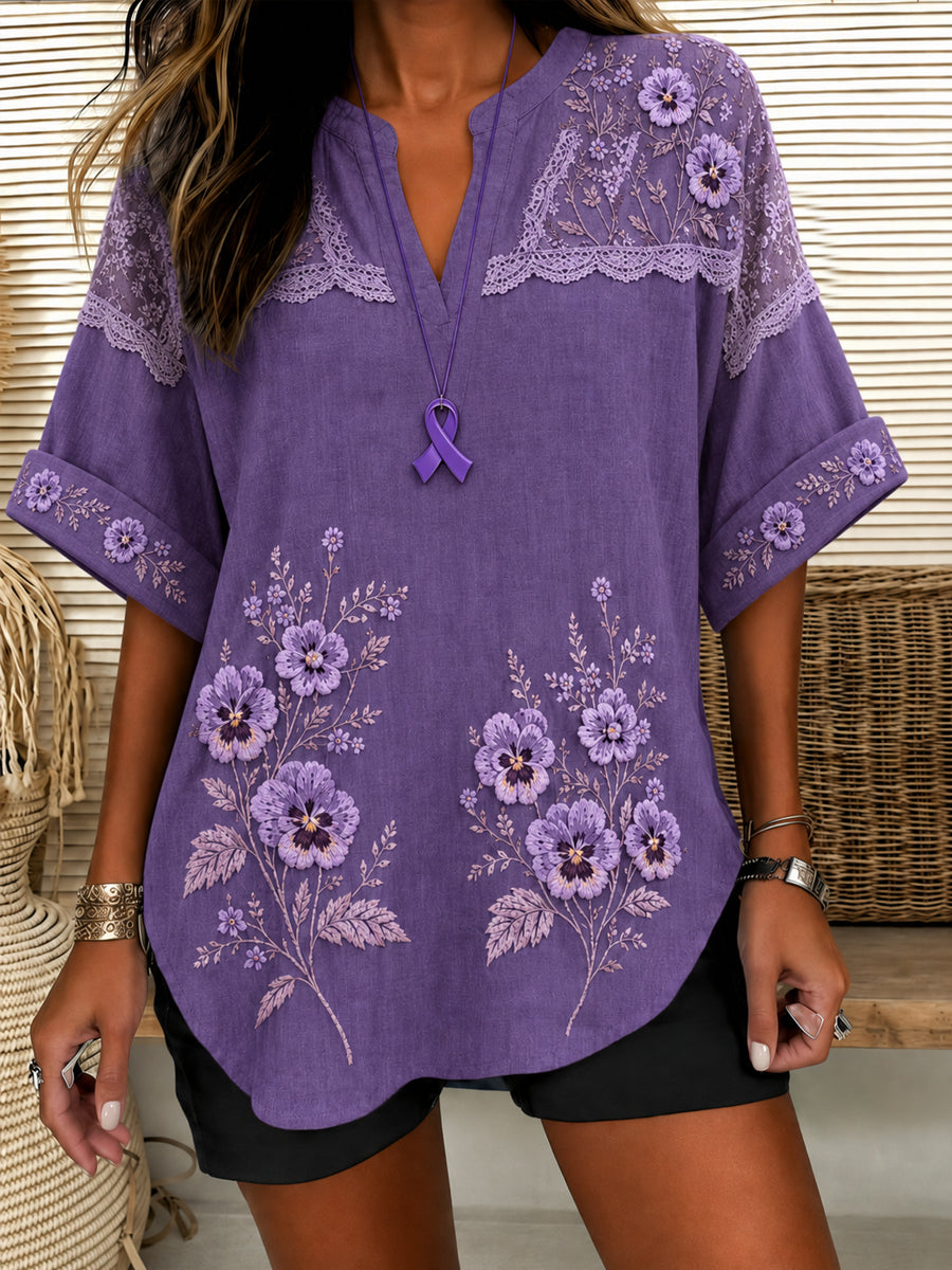 Purple Floral Art Print Alzheimer's Awareness Support Linen Shirt