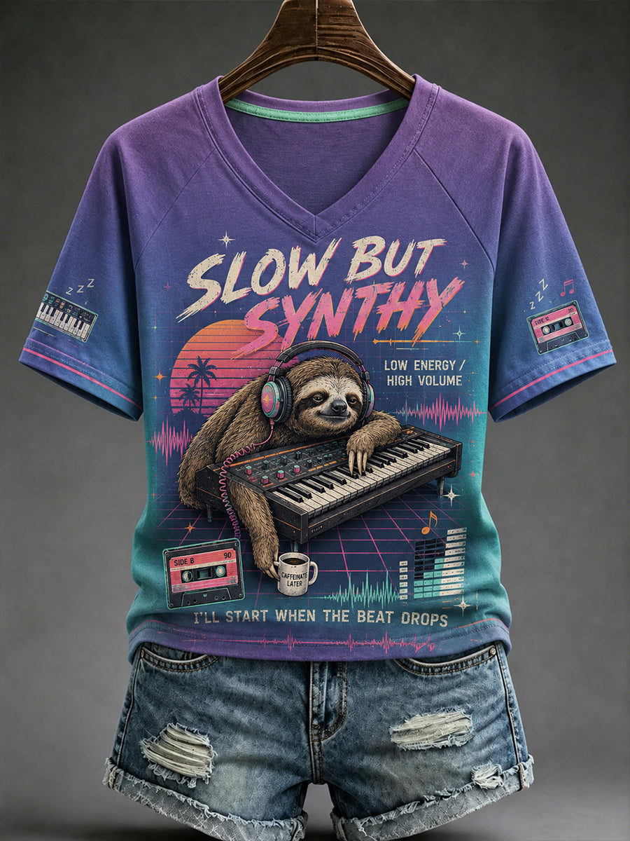 Women's Slow But Synthy V-Neck Off-Shoulder Short-Sleeved T-Shirt