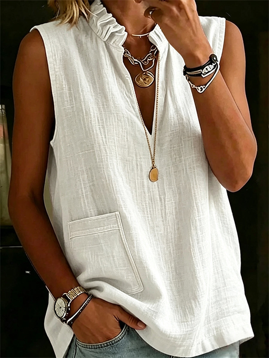 Women's Patch Pocket Ruffle V Neck Linen Tank Top