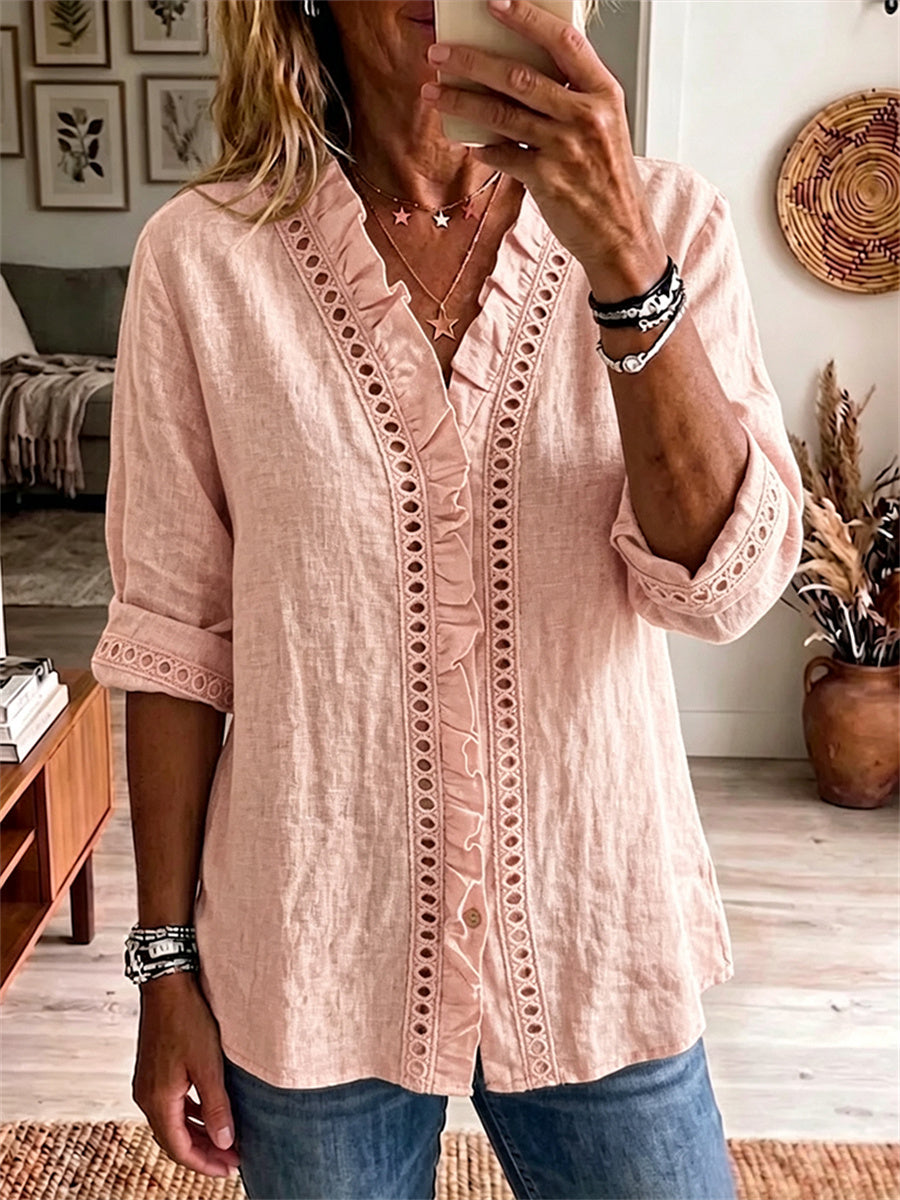 Women's Ruffle Trim Placket Hollow Lace Bordered Comfy Blouse