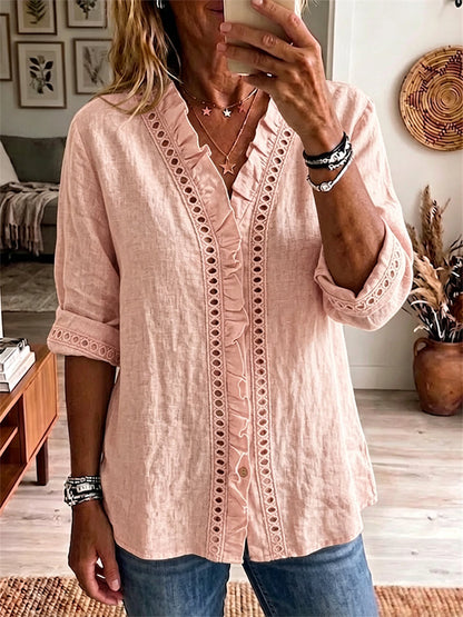Women's Ruffle Trim Placket Hollow Lace Bordered Comfy Blouse