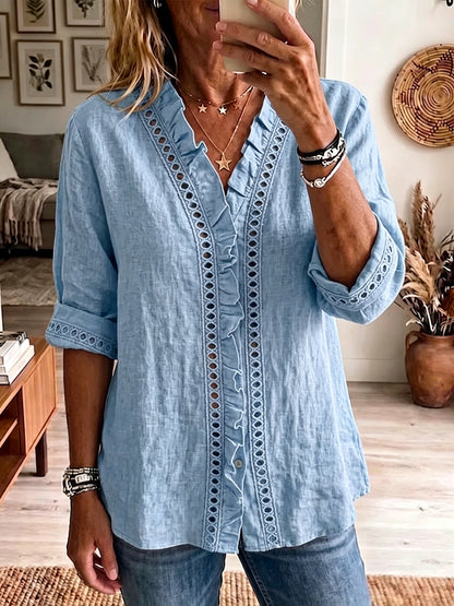 Women's Ruffle Trim Placket Hollow Lace Bordered Comfy Blouse