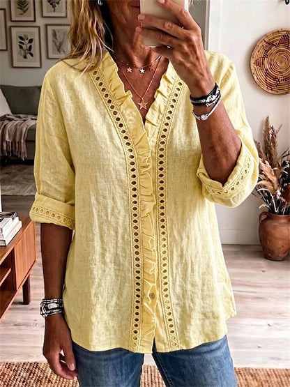Women's Ruffle Trim Placket Hollow Lace Bordered Comfy Blouse