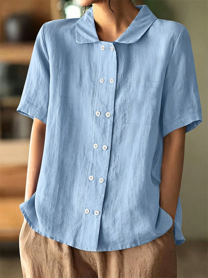 Women's Vintage Double Breasted Buttons Short Sleeve Linen Shirt