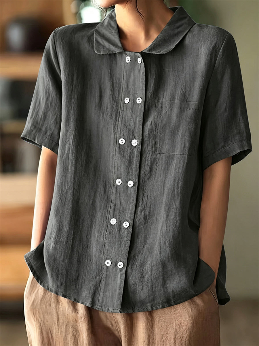 Women's Vintage Double Breasted Buttons Short Sleeve Linen Shirt