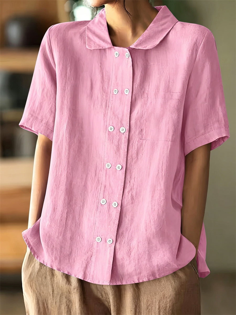 Women's Vintage Double Breasted Buttons Short Sleeve Linen Shirt