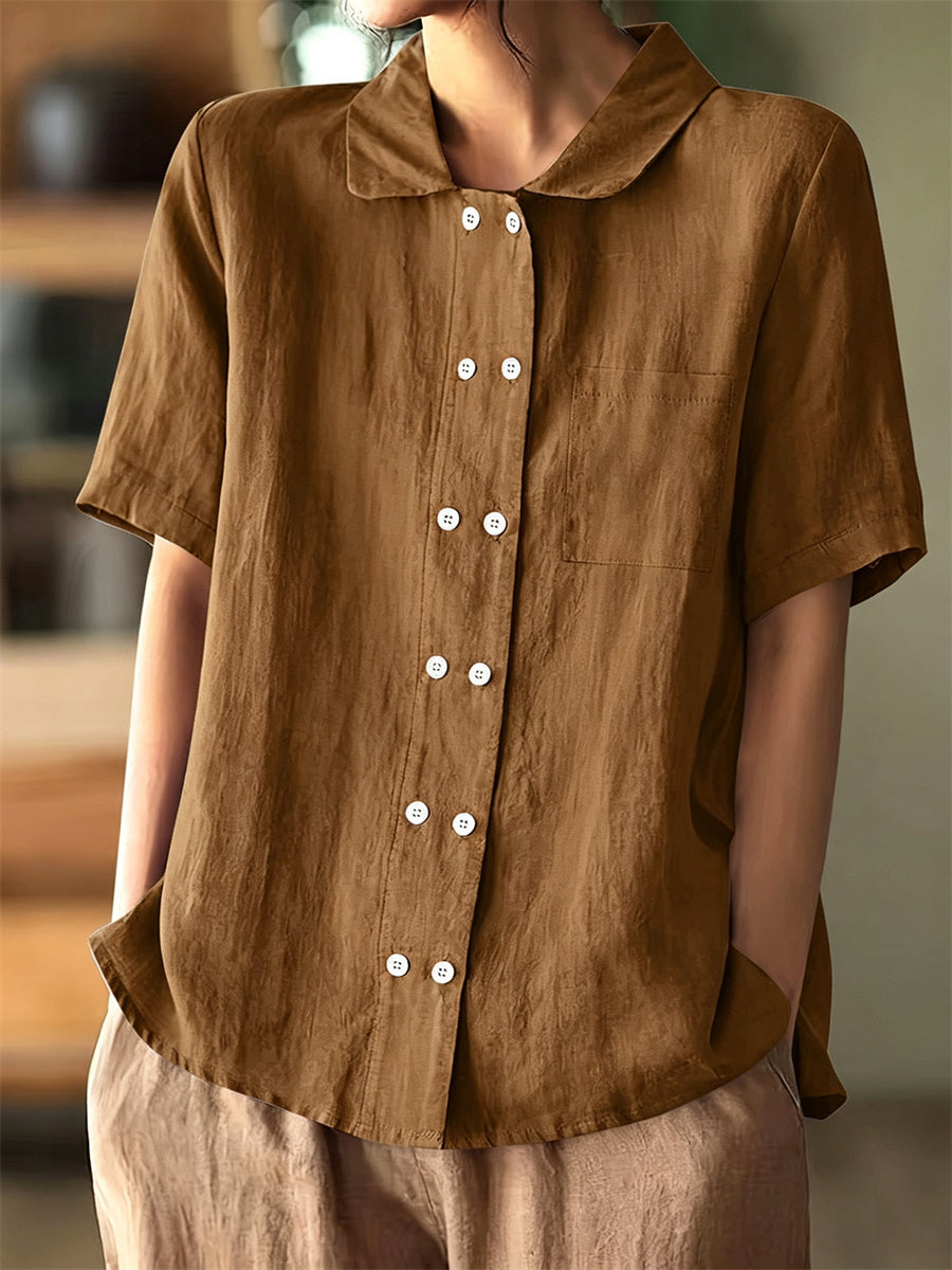 Women's Vintage Double Breasted Buttons Short Sleeve Linen Shirt