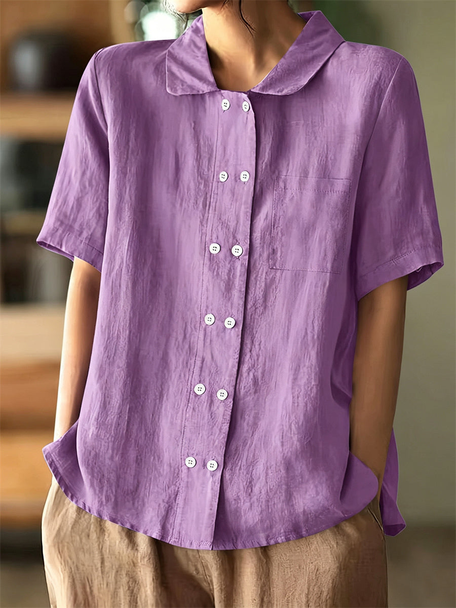 Women's Vintage Double Breasted Buttons Short Sleeve Linen Shirt