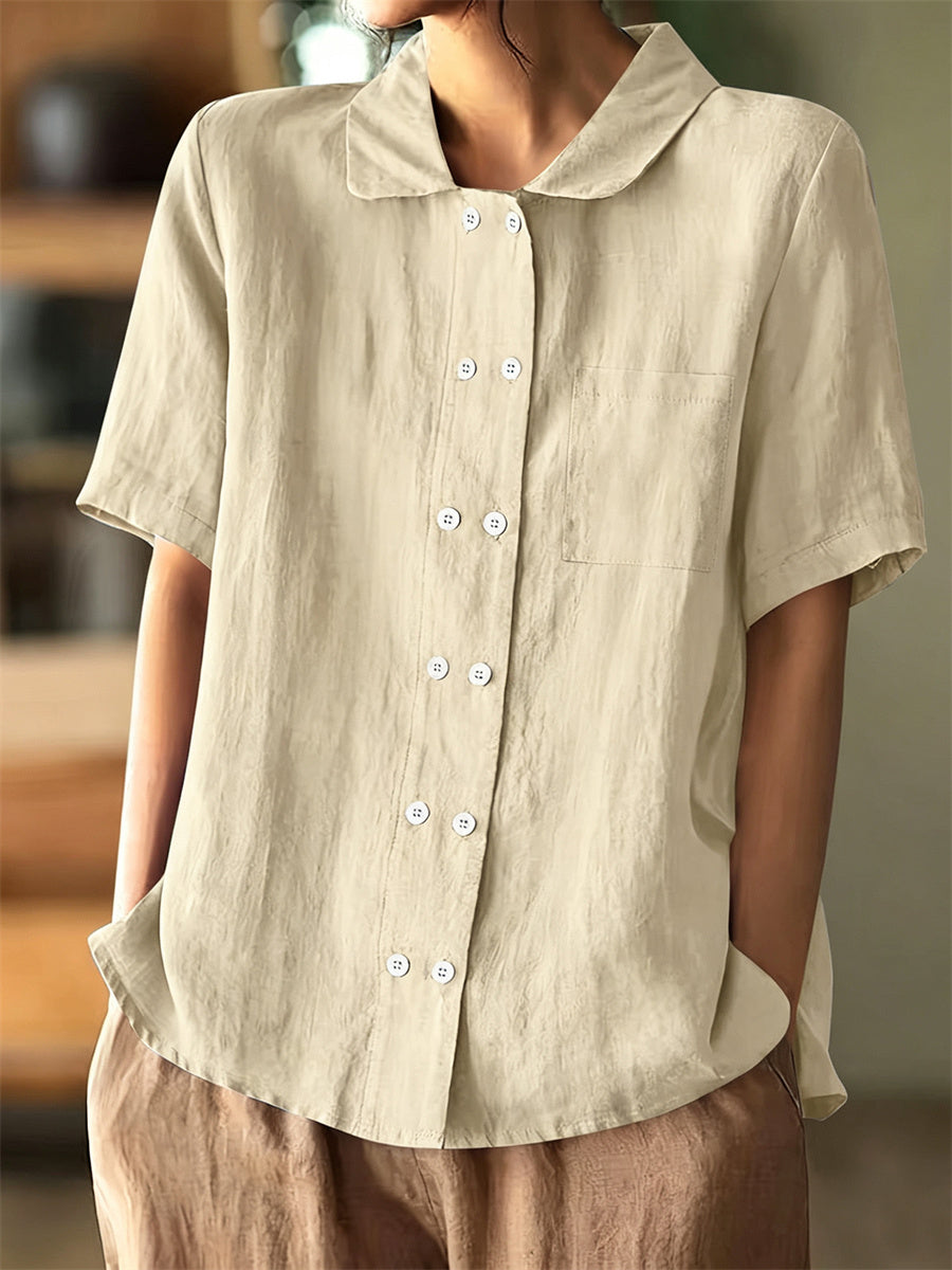 Women's Vintage Double Breasted Buttons Short Sleeve Linen Shirt