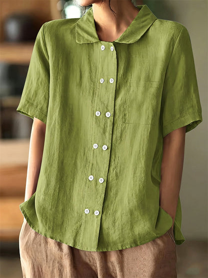 Women's Vintage Double Breasted Buttons Short Sleeve Linen Shirt