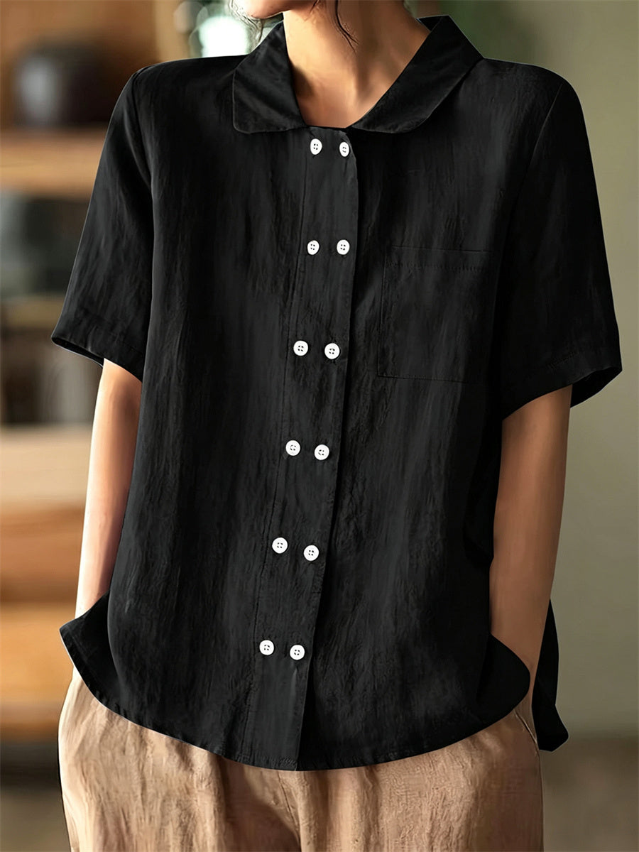 Women's Vintage Double Breasted Buttons Short Sleeve Linen Shirt