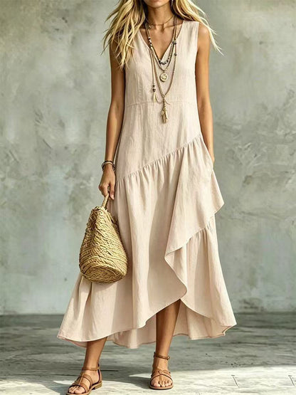 Women's Asymmetrical Pleated Flare Bottom Sleeveless Flowy Maxi Dress