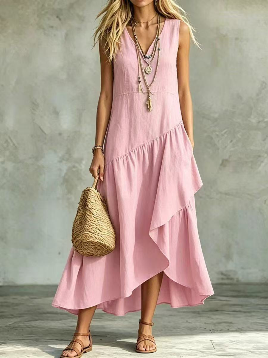 Women's Asymmetrical Pleated Flare Bottom Sleeveless Flowy Maxi Dress