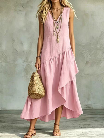 Women's Asymmetrical Pleated Flare Bottom Sleeveless Flowy Maxi Dress