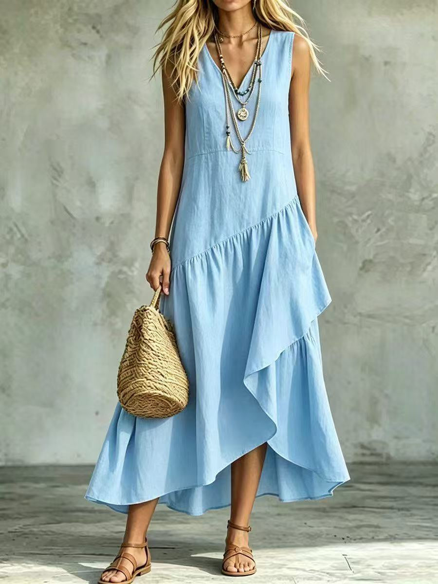Women's Asymmetrical Pleated Flare Bottom Sleeveless Flowy Maxi Dress