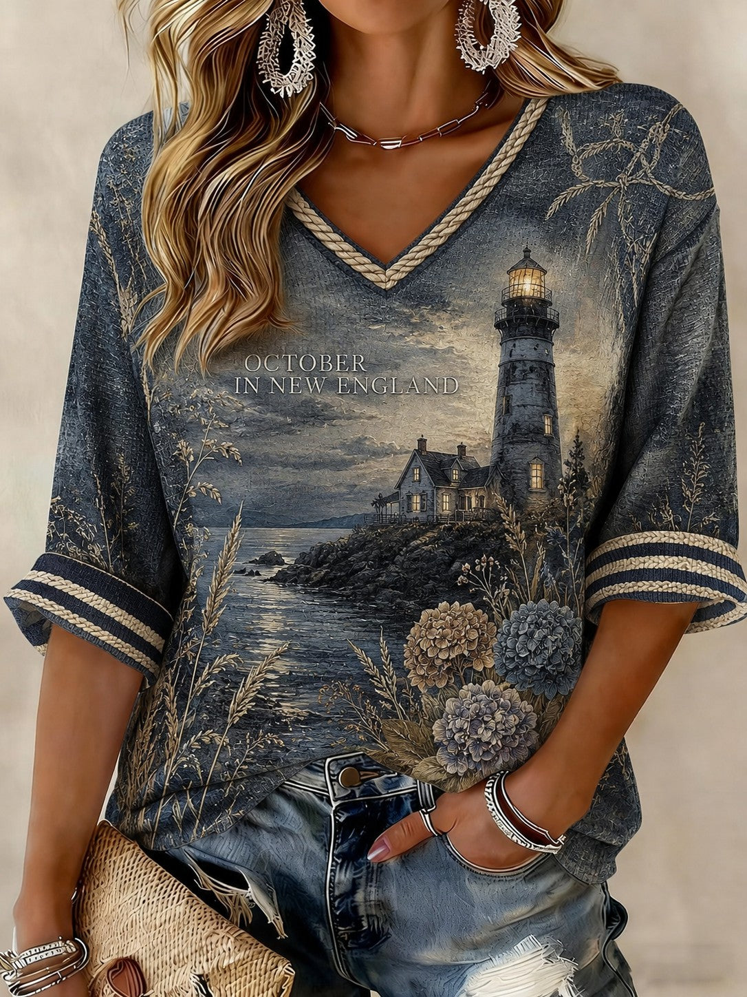 Women's OCTOBER IN NEW ENGLAND Printed Mid-length Sleeves V-neck T-shirt