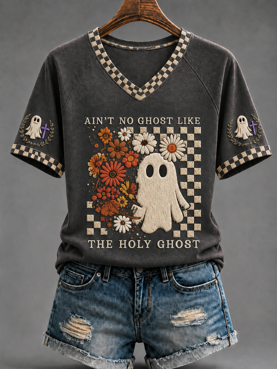 Women's Christian Halloween “Ain't No Ghost Like the Holy Ghost” V-neck Short Sleeve T-shirt