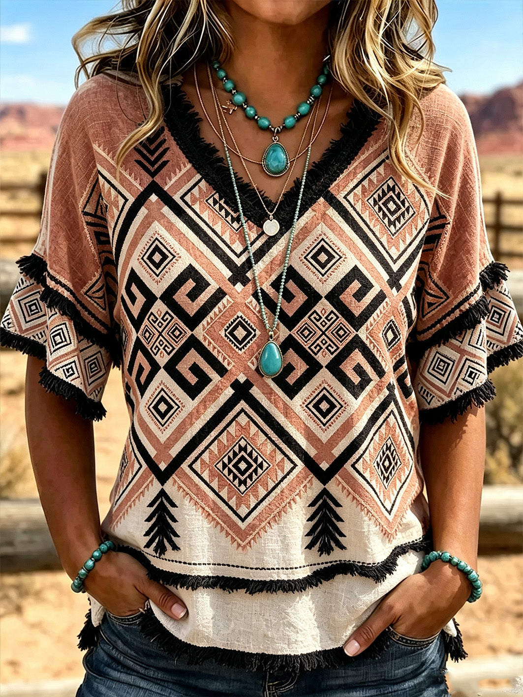 Women's western style ethnic pattern printed casual cotton and linen shirt