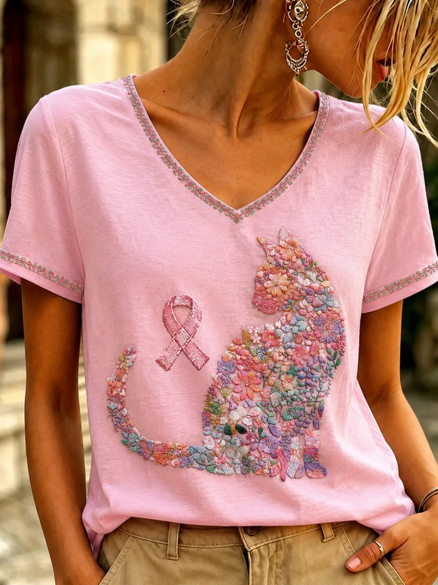 Women's Breast Cancer Pink Art  Printed V-neck T-shirt